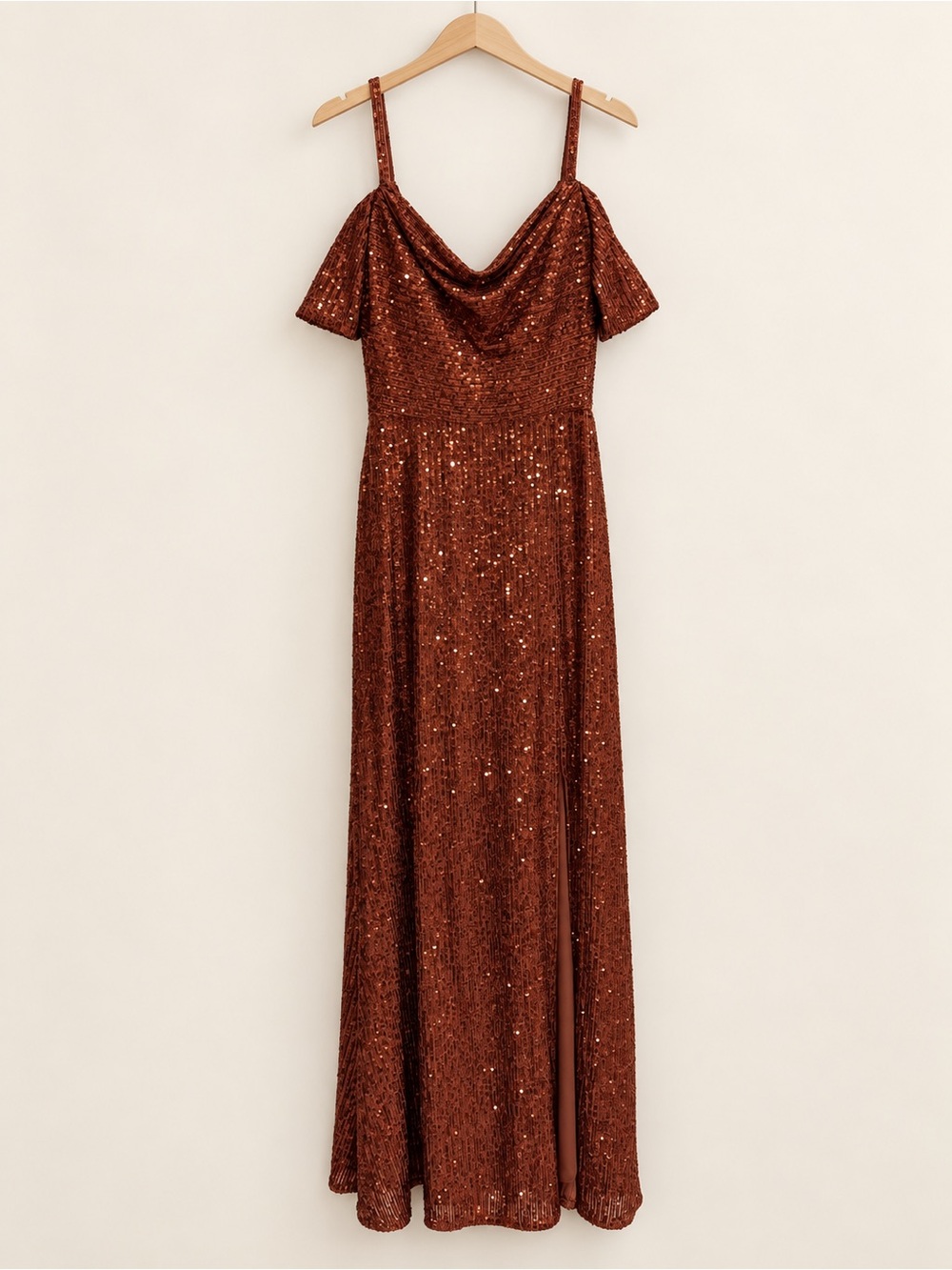 Night Way Collections Copper Sequin Cold-Shoulder Maxi Dress Size 4